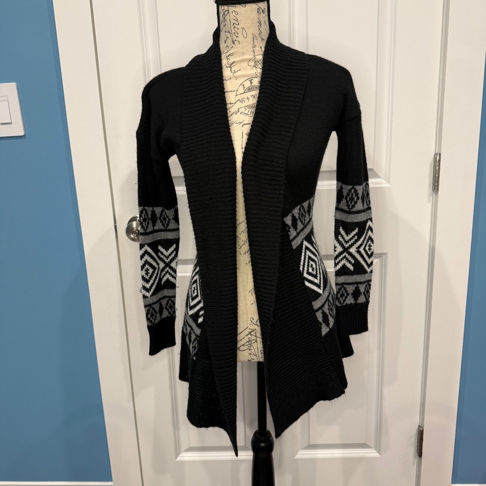 Pink Republic Womensβ Black Fair Isle Open Front Cardigan Sweater Size XS